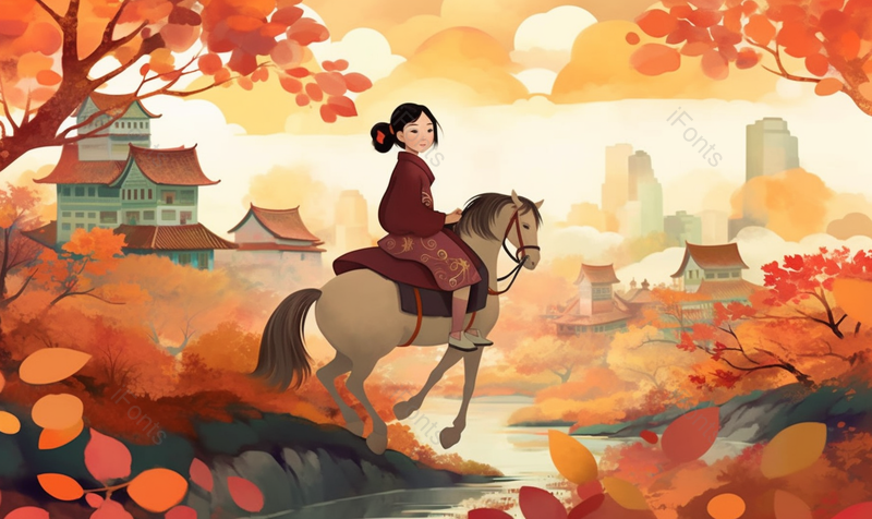 河畔枫叶林背井离乡花木兰卡通骑马替父从军女孩可爱插画,插画/手绘图,插画/手绘图库,插画/手绘图下载,插画/手绘